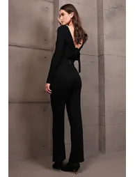Women's Black Deep V-Neck Tie Detail Jumpsuit - 6