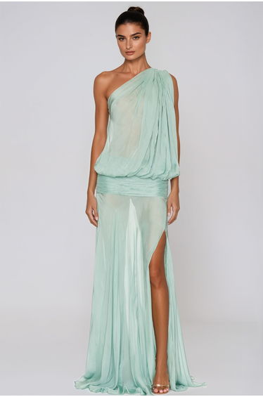 Javaid One Shoulder Mesh Draped Maxi Dress