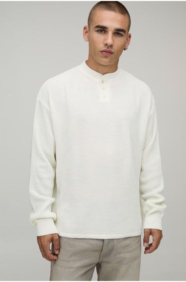 Relaxed Fit Henley Waffle Knitted T-Shirt - ecru