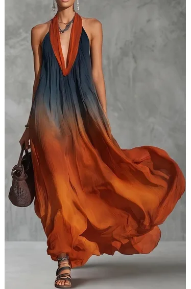 Pleated Contrast Color Sleeveless Loose Halter-Neck Maxi Dresses