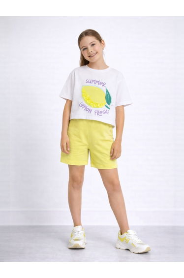 Girls Lemon Print Sequin T-Shirt and Shorts Set