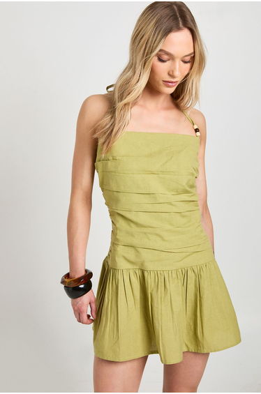 Petite Linen Beaded Drop Waist Mini Dress - light khaki