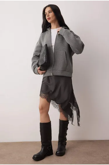 سويتشيرت محبوك بتصميم واسع - رمادي