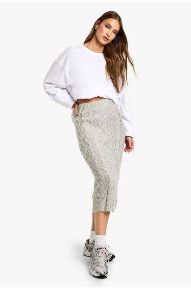 Fluffy Chunky Cable Knit Midaxi Skirt - oatmeal