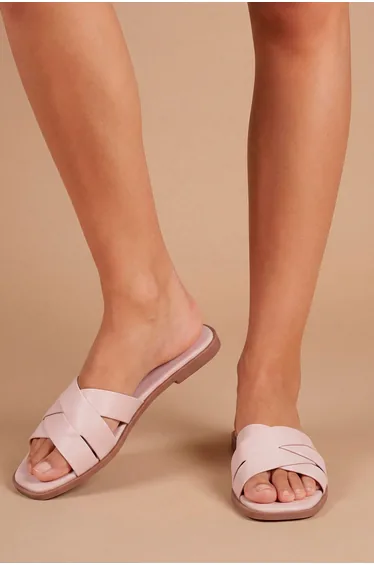 Flossy Faux Leather Interwoven Flat Sliders