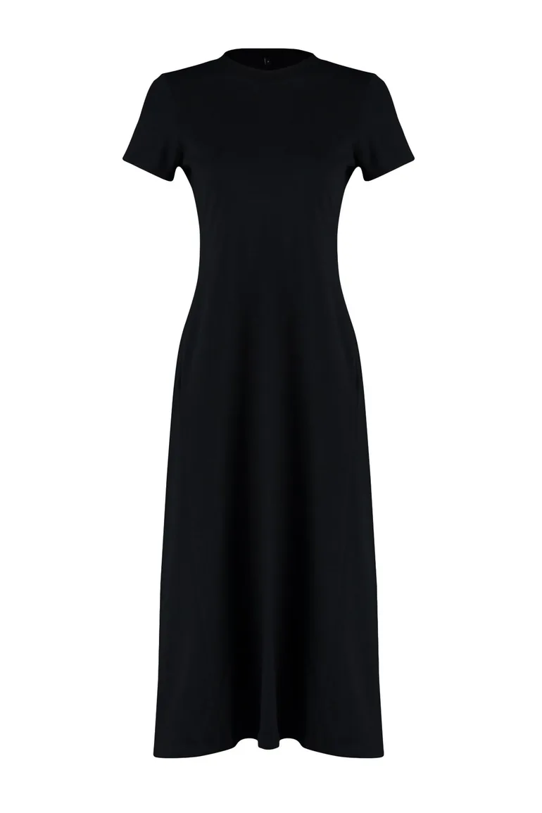 Black Pocketed Premium Crew Neck A-Line Knitted Midi Dress - 6