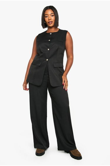 Plus Gold Button Longline Waistcoat - black