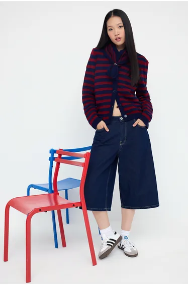 Red Soft Textured Extra Shawl Striped Knitwear Cardigan