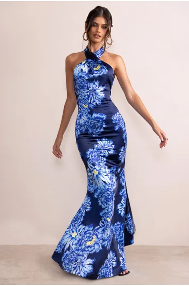 Evening Dresses Sale Debenhams Funeral Dresses Shop Unstoppable Blue Floral  Print Satin Cross Over Halter Neck Maxi Dress Online In Oman