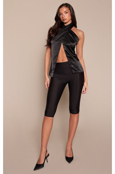 Black Satin Wrap Front Halterneck Top
