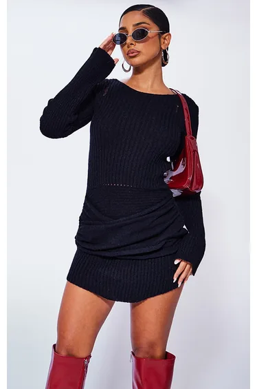 Petite Black Knitted Open Back Mini Dress
