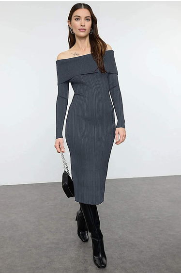 Anthracite Plain Midi Midi Knitwear Basic Carmen Collar Knitwear Dress