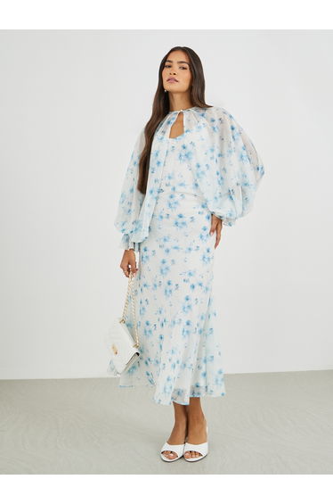 Floral Print Strappy A-Line Dress with Cape Jacket
