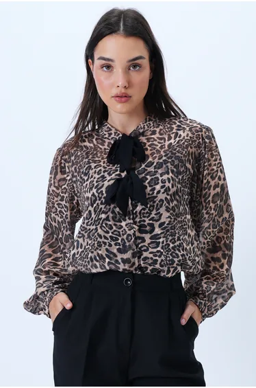 Leopard Mandarin Collar Bow Patterned Woven Shirt and Adjustable Strap Blouse