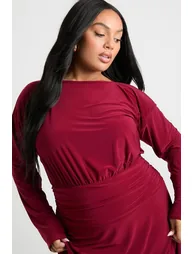 Plus Long Sleeve Ruched Side Waist Panel Skater Dress - berry - 2