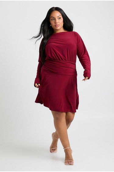 Plus Long Sleeve Ruched Side Waist Panel Skater Dress - berry