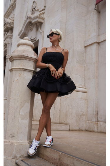 Bethan Structured Tulle Mini Dress in Black