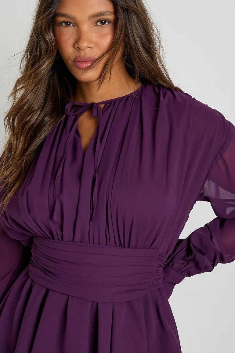 blue one shoulder long sleeve dress Royal Blue Ruched Mesh One Shoulder Long Sleeve Midi Dress