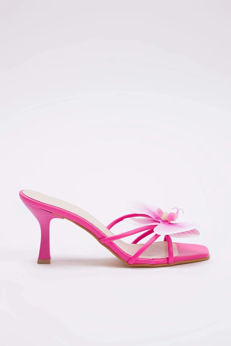 Fuchsia Flower Detail Square Toe Women Thin Heels Slippers - 3