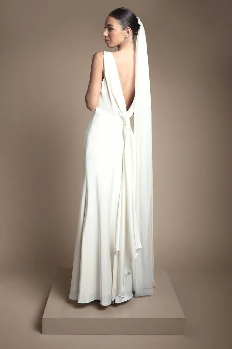 Satin V Neck Maxi Wedding Dress with Back Sash Detail - 2