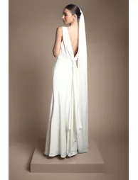 Satin V Neck Maxi Wedding Dress with Back Sash Detail - 2