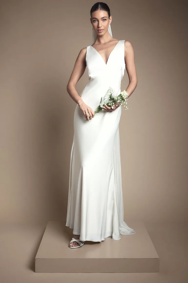 Satin V Neck Maxi Wedding Dress with Back Sash Detail