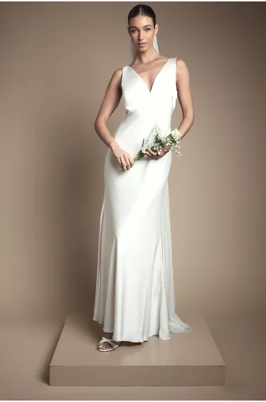 Satin V Neck Maxi Wedding Dress with Back Sash Detail