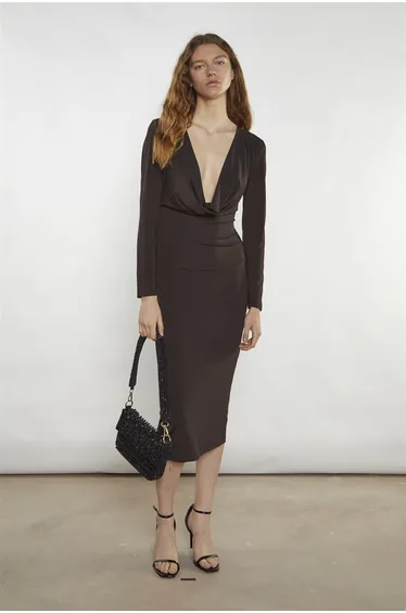 Bitter-Chocolate Plunging-Cowl Midi-Dress
