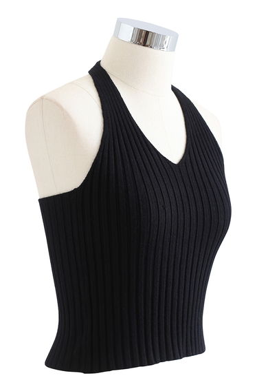Halter Neck Crop Knit Top in Black