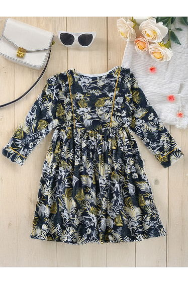 All-Over Floral Print Fit and Flare Dress with Long Sleeves