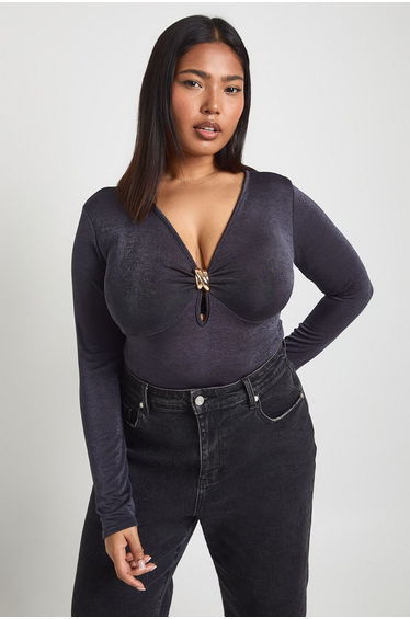 Plus Gold Trim Keyhole Bodysuit - charcoal