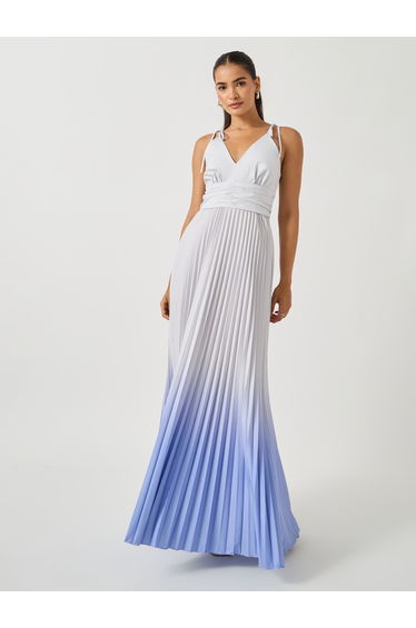 Ombre V Neck Pleated A-Line Maxi Dress