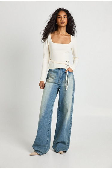 Ribbed Long Sleeve Ring Detail Top - white