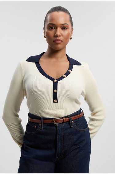 Plus Size Knit Rib With Contrast Hem Detail Collared Top