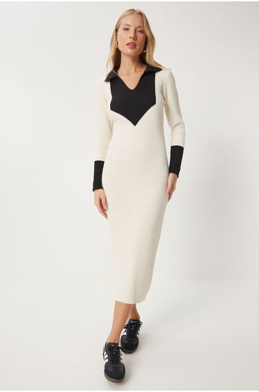 Women's Ecru Contrast Polo Neck Knit Dress