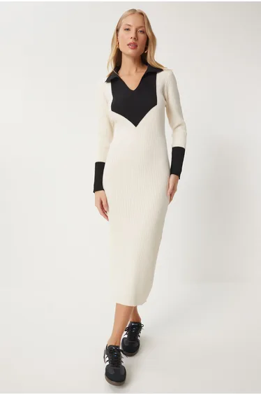 Women's Ecru Contrast Polo Neck Knit Dress