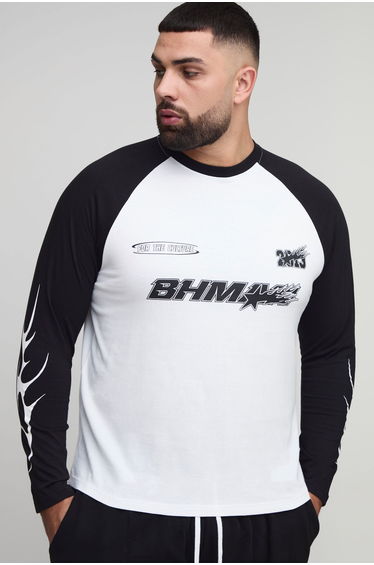 Plus Regular Fit Moto Graphic Long Sleeve Raglan T-Shirt - black