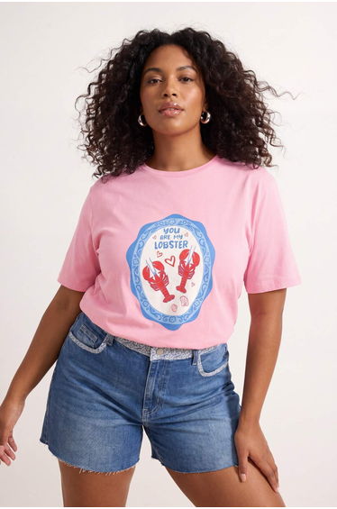 Pink Crab Printed Loose Fit Knitted Oversized T-Shirt