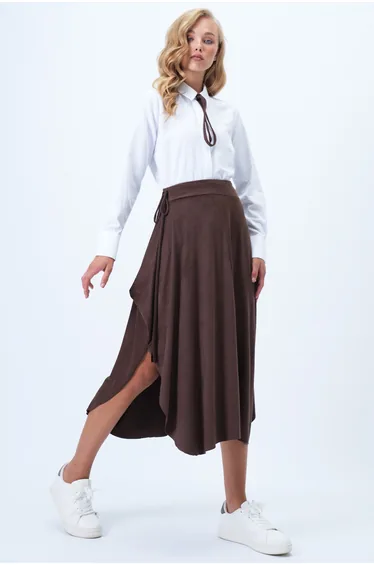 Women's Bitter Brown Asymmetrical Cut Tied Waist Faux Suede Skirt
