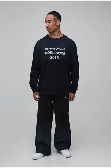 Black Oversized Homme Official Print Long Sleeve Spray Wash T-Shirt - black