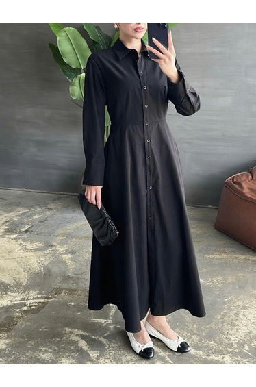 Solid Long Sleeve Button Shirt Midi Dress