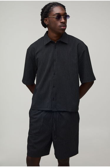Pinstripe Boxy Oversized Shirt & Short Set - black