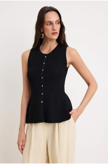 Black Special Text Thread Peplum Detailed Blouse