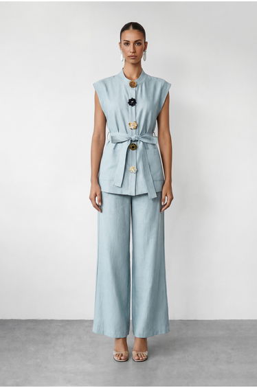 Simple Feeling Blue Floral Button & Wide Leg Pants Set