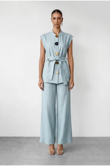 Simple Feeling Blue Floral Button & Wide Leg Pants Set