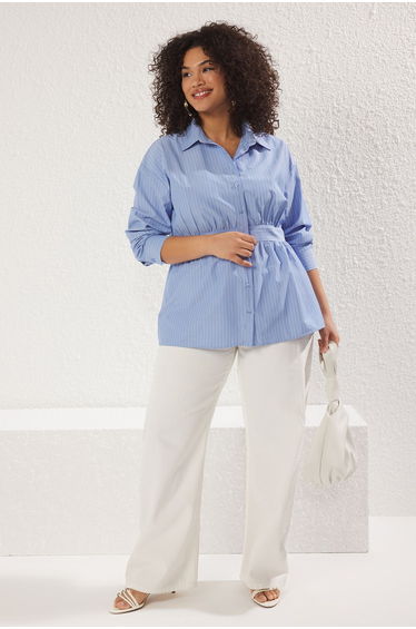Blue Striped Waist Detail Weaving Plus Size Shirt