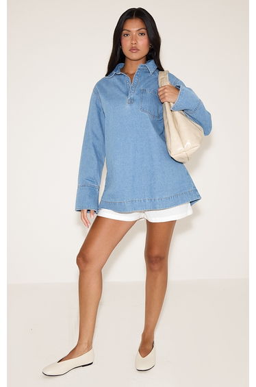 Mid Blue Oversized Denim Rugby Style Shirt