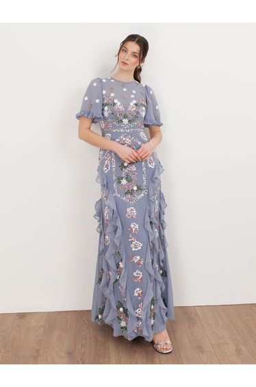 Maya Wisteria Blue Embellished Short Sleeve Ruffle Maxi Dress