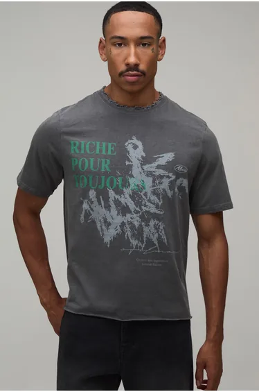 Regular Boxy Grunge Print Vintage Washed T-Shirt - washed charcoal