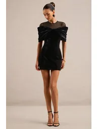 Accalia | Black Velvet Round Neck Short Sleeve Mini Dress With Mesh Panel And Bow Detail - 1
